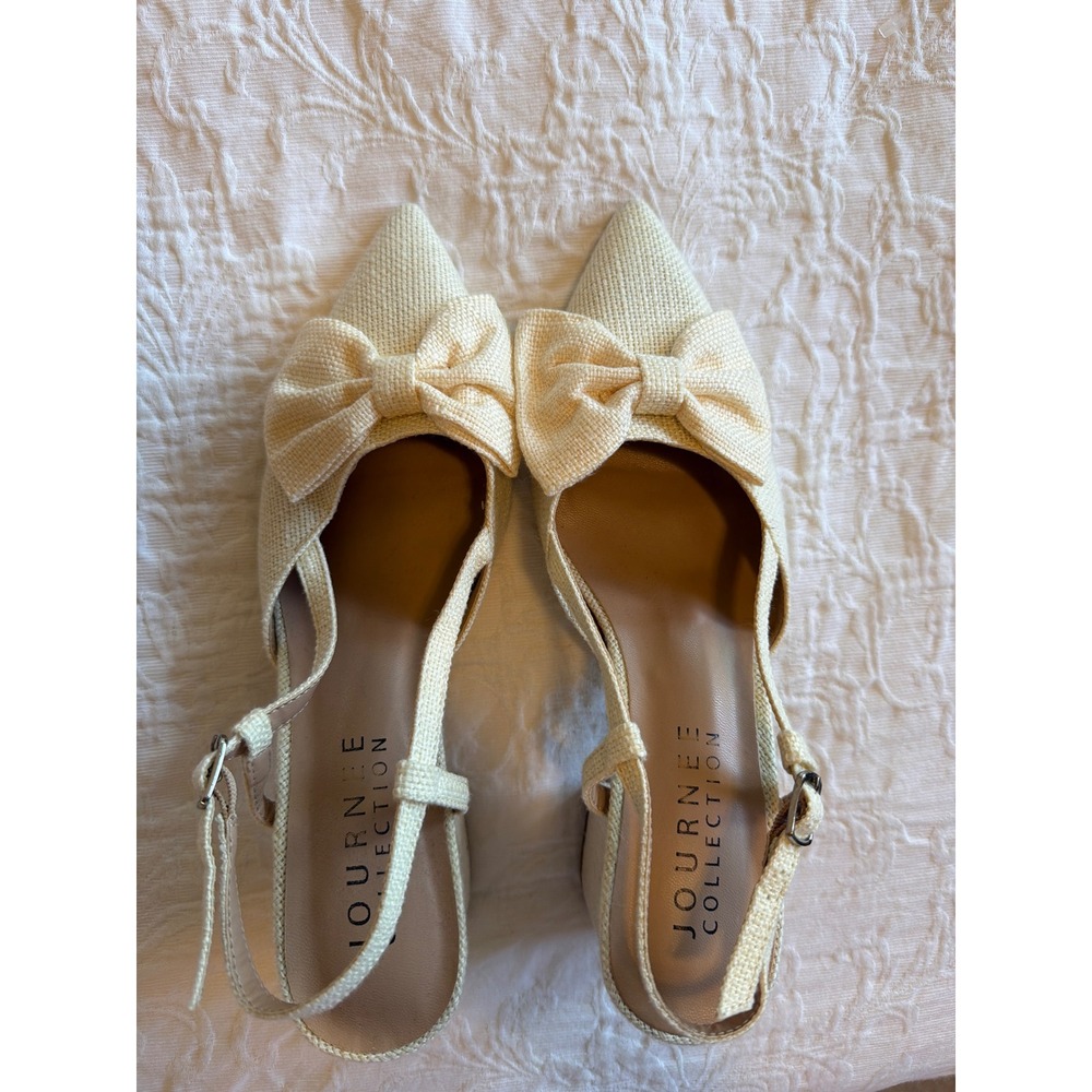 Journee Collection TheCream Raffia Bow Slingback Block Heel Pumps Womens Size 7